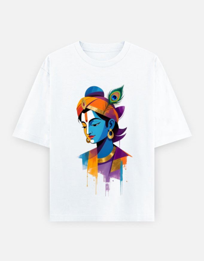 White oversized Krishna graphic t-shirt by Swarnamantra