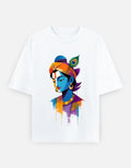 White oversized Krishna graphic t-shirt by Swarnamantra