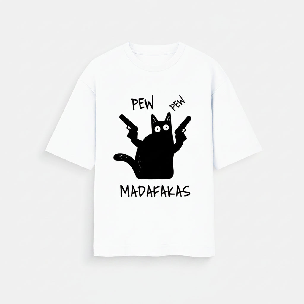 Pew Pew Cat funny oversized graphic T-shirt by SWARNAMANTRA featuring playful cat streetwear design for casual fashion lovers.