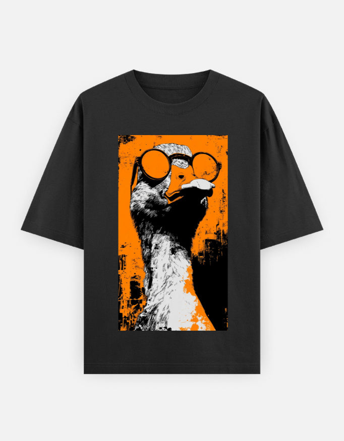 Front_Urban Rebel Duck oversized retro streetwear graphic T-shirt by SWARNAMANTRA with playful urban fashion design.