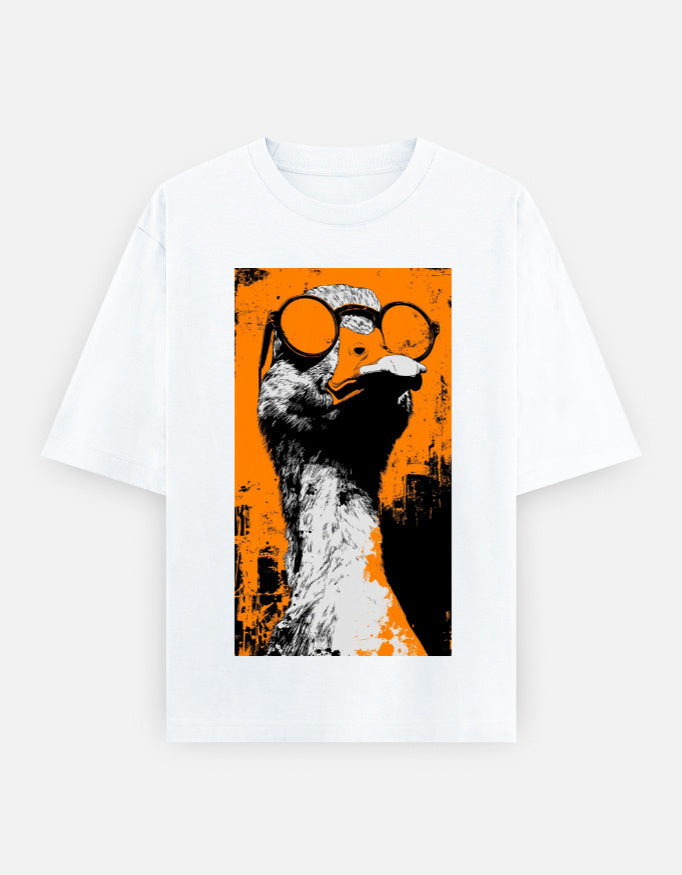 Front_Urban Rebel Duck oversized retro streetwear graphic T-shirt by SWARNAMANTRA with playful urban fashion design.