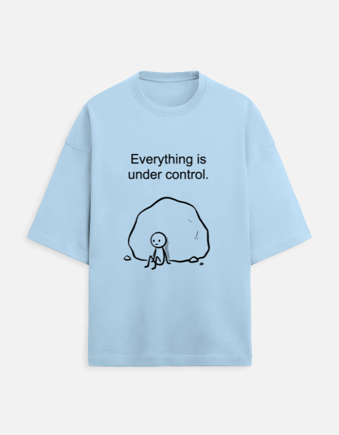 Blue oversized unisex graphic tee with "Everything is under control" minimal doodle print – Swarnamantra