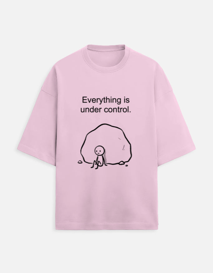 Pink oversized unisex graphic tee with "Everything is under control" minimal doodle print – Swarnamantra