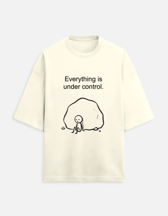 Off White oversized unisex graphic tee with "Everything is under control" minimal doodle print – Swarnamantra