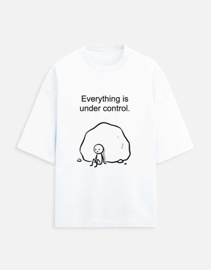 White oversized unisex graphic tee with "Everything is under control" minimal doodle print – Swarnamantra
